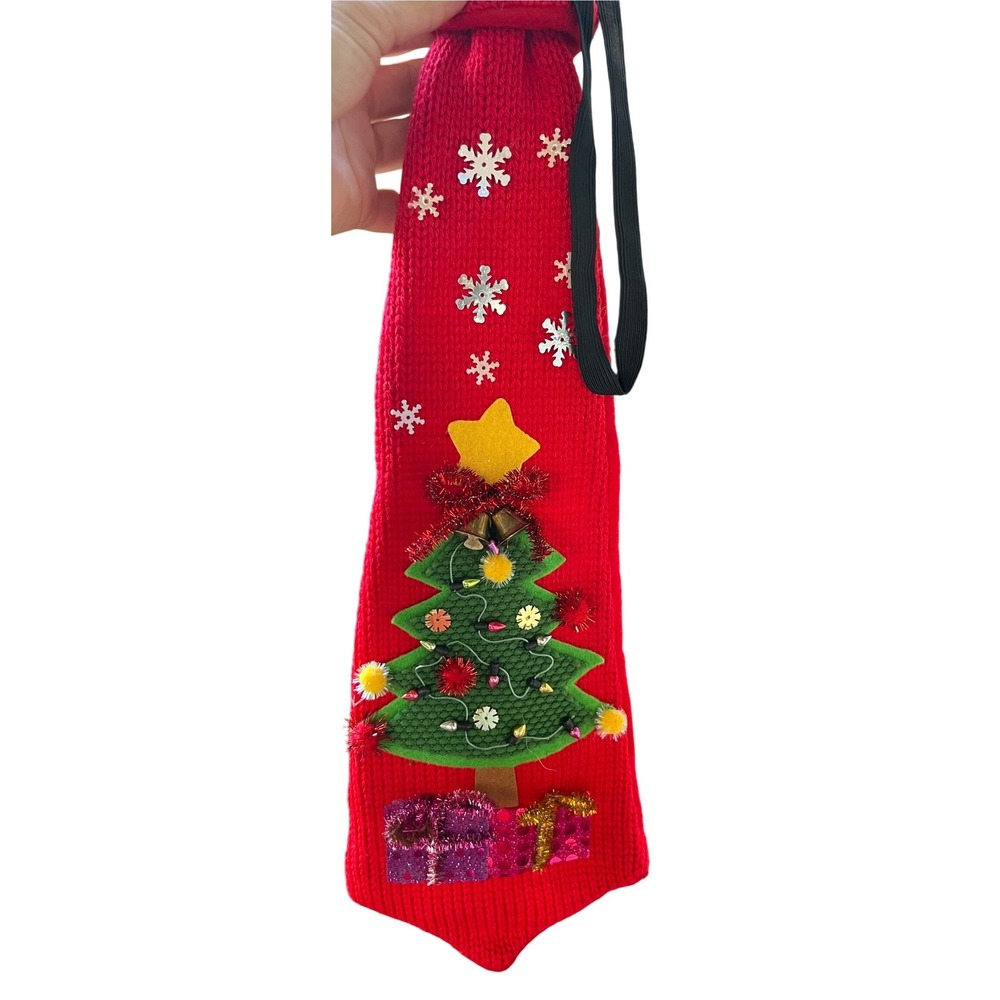 Red Knit Christmas Tree Novelty Tie Ugly Sweater Party Elastic Jingle Bells